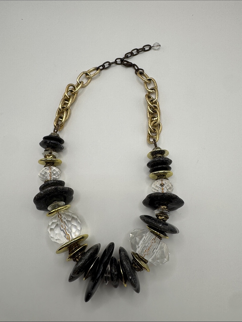 Statement Black Bead Necklace with Faceted Crystal & Gold Tone Accents